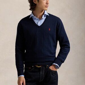 Polo Ralph Lauren Men's Cotton V-Neck Sweater Navy Blue Size L